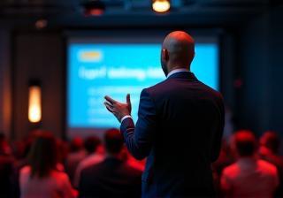 Professional confidently presenting to an audience after training