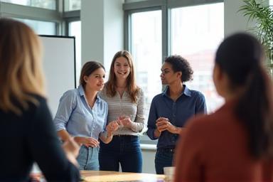 Students engaged in a Public Speaking School workshop